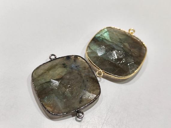 2 Pcs Set Natural Labradorite Cushion Shape 26mm Briolette Connectors Gray Stone Double Loop Bezel Jewelry Making Bezel Connectors