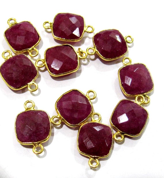 5 Pcs Set Dyed Ruby Cushion Shape Square 10mm Briolette Connectors  Double Loop  Bezel Jewelry Making Connectors Charms