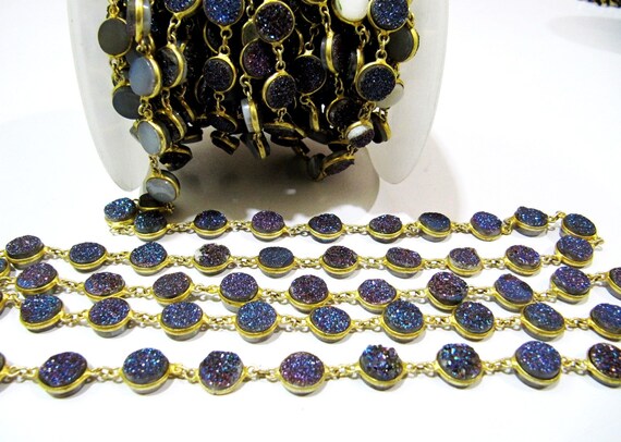 Natural Druzy Round Coin Shape Size 10 mm Titanium AB Coated Bezel Connector Gold Plated Chain Sold Per Foot High Quality Wholesale Prices