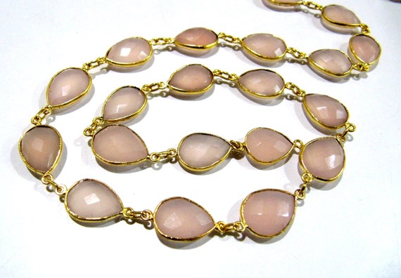 Natural Pink Chalcedony Pear Shape Briolette Faceted Bezel Connector Chain 10x15mm Gold/Silver/Rosegold/Black Plated sold per foot