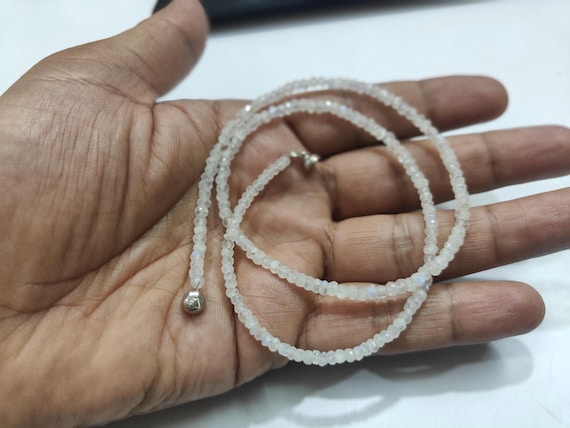 Natural White Rainbow Moonstone Rondelle Faceted 3-4mm Beaded Necklace With Magnetic Clasp Handmade Necklace Choose Length