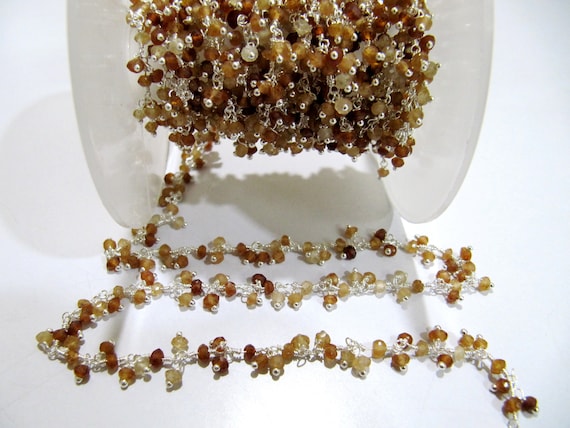 Natural Hessonite Garnet Rondelle Faceted 3mm Size Beaded Wire Wrapped Dangling cluster Chain Jewelry making Gemstone Chain Sold Per foot