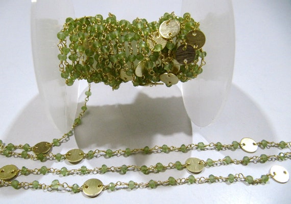 Natural Peridot Rondelle Faceted Beads 3-4mm Rosary Chain with Metal Coin Gemstone Handmade beaded Wire Wrapped Chain Sold Per Foot