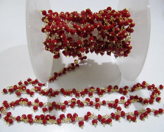 Red Coral 3mm Rondelle Faceted Hydro Quartz Beads Dangling Beaded Chain Wire Wrapped Cluster Handmade  Stone Chains sold per foot