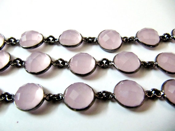 Natural Rose Quartz Coin Shape Briolette Faceted Bezel Connector Chain Sold Per Foot High Quality Gun Metal Finished Wholesale Prices