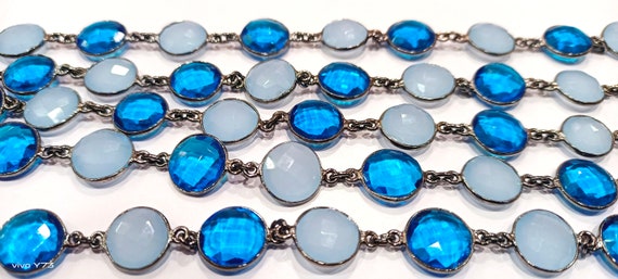 Blue Chalcedony Coin Shape 11mm  Briolette Faceted Connector Link Chain Sold Per Foot Wholesale Prices Jewelry making chain