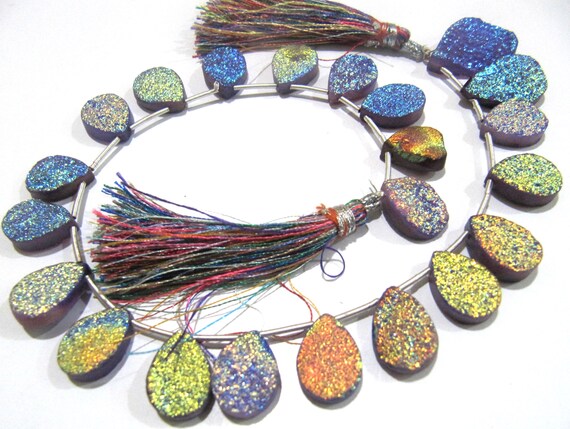 Natural Titanium Coated Agate Purple Druzy Pear Shape  Beads Jewelry Making Bead Strand 10 Inches Long Sold Per Strand