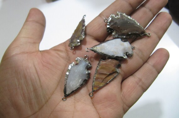 2 Pcs Set Natural Jasper  Black Oxidized Electroplated Edge Double Loop Arrowhead Connector Charms Pendant Size 1 to 1.5 Inches Long