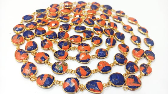 Natural Mohave Carnelian and Blue Copper Turquoise Free Shape  Briolette 10to15mm Bezel Connector Gemstone Chain Sold Per Foot Great Quality