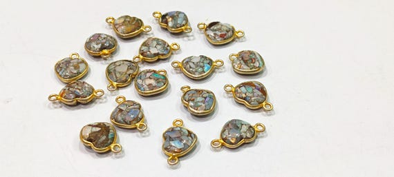 Ethiopian Opal Copper Turquoise Heart Shape 10mm Briolette connector  Bezel Charms Sold Per piece