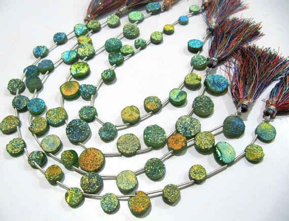 Natural Titanium Coated Agate Green Druzy Round Shape Briolette Beads Jewelry Making Beads Strand 10 Inches Long Sold Per Strand