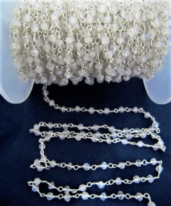1 Foot-: Natural White Rainbow Moonstone Rondelle Faceted 3-4mm Beaded Wire Wrapped Rosary Chain Wholesale Prices Handmade Jewelry Chain