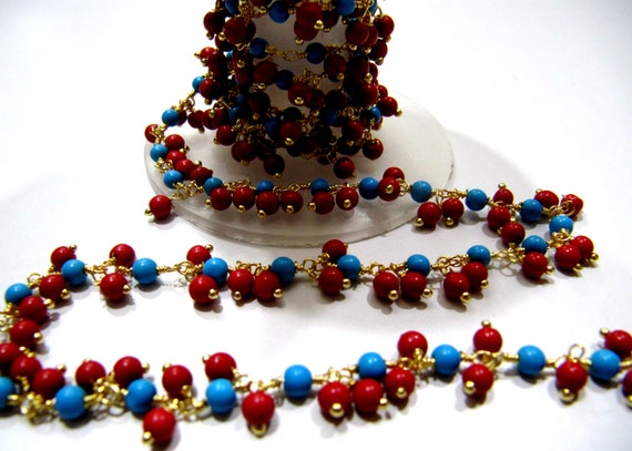 Smooth Coral Turquoise Plain Round Ball Beaded 3mm Cluster Dangling Wire Wrapped Chain Wholesale Prices Jewelry Making Chain sold per foot