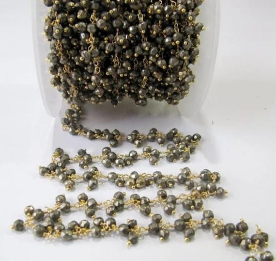 Natural Pyrite Dangling Chain/ Cluster chain,Rondelle Faceted beaded chain 3 to 4mm beads, Rosary Thick Design Wholesale Price sold per foot