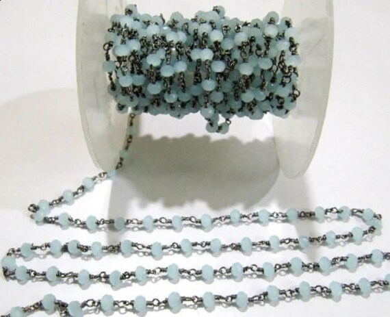 3- Feet Aqua Chalcedony Rondelle Faceted Size 3-4mm  Hydro Quartz Beaded Wire Wrapped Rosary Chain Wholesale Prices Jewelry Making chain