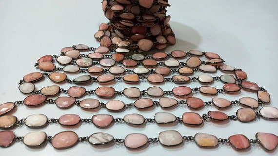 Natural Pink Opal Gemstone Briolette Free shape 13 to 16mm Bezel Connector chain Sold Per Foot great Quality Chain