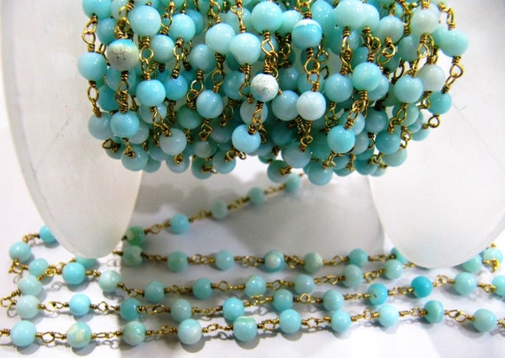 Natural Blue Opal  Round 3-4mm Plain Smooth Beaded Rosary Chain  High Quality Wholesale Price Jewelry making chains Sold per foot