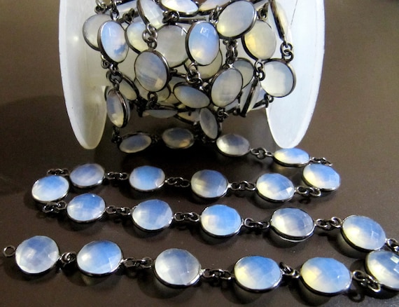 White Opal Round coin Shape Briolette  Bezel Connector Chain 11 mm  Sold Per Foot Opalite Gems Chains