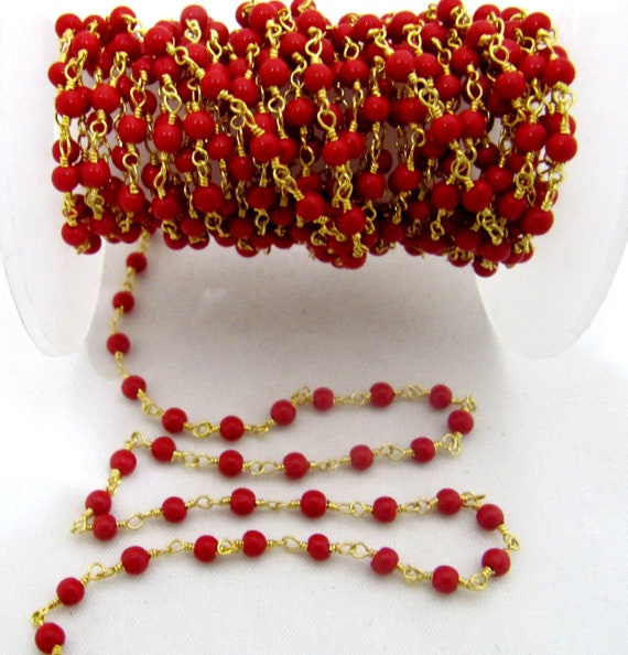 3 Feet-Coral Quartz Plain Smooth Round 3mm ball shape beaded Wire Wrapped Chain Wholesale Prices Jewelry Making Quartz chain