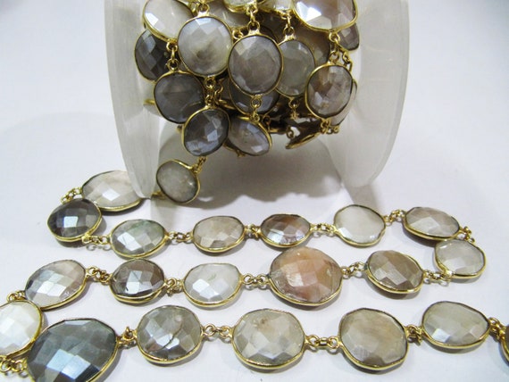 Natural Multi Moonstone AB Mystic Coated Nugget Briolette Connector Chain Uneven Free Shape  12 to 15mm  Plated Sold Per Foot High quality