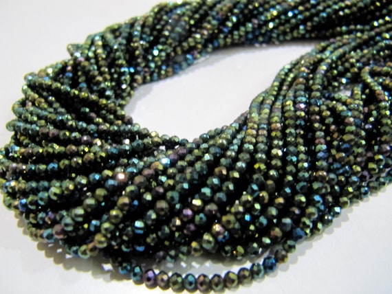Black Spinel Beads 3mm Rondelle Faceted, Mystic Peacock Coated, Genuine Black Spinel Beads Strand 13 inch long, Titanium Coated