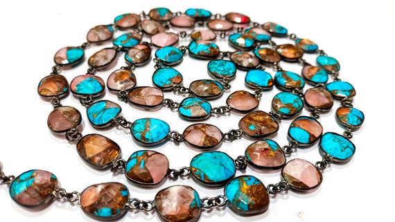 Natural Mohave Rose Quartz and  Blue Copper Turquoise 12to15mm Briolette  Bezel Connector Chain Sold Per foot