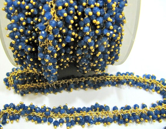 Blue Sapphire Rondelle Faceted Cluster Grape Rosary Chain Size 3mm Wire Wrap Dangling Beaded Gold Plated Sold Per Foot Wholesale Prices
