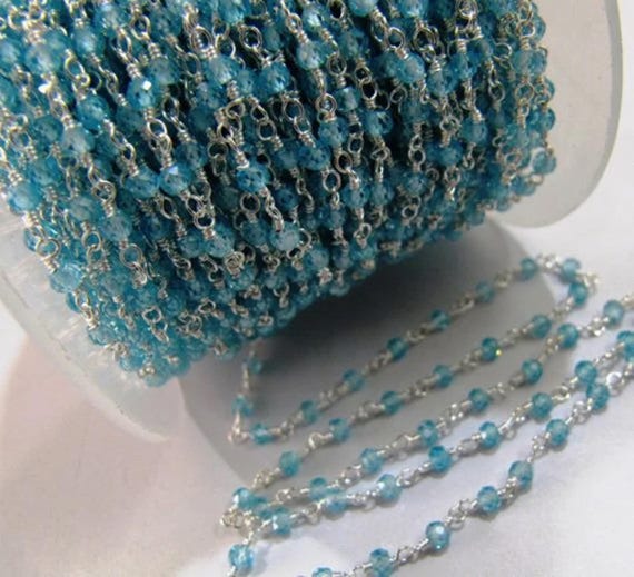 Sky Blue Topaz Rosary Chain Rondelle Faceted Beaded 3mm Size Cubic Zirconia Bead Sterling Silver Crystal chain sold per foot