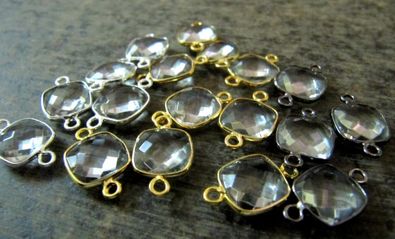 Natural Rock Crystal Quartz Cushion Square Shape 10mm Briolette Double Loop Bezel Connector Charms Choose the plating Sold per Piece
