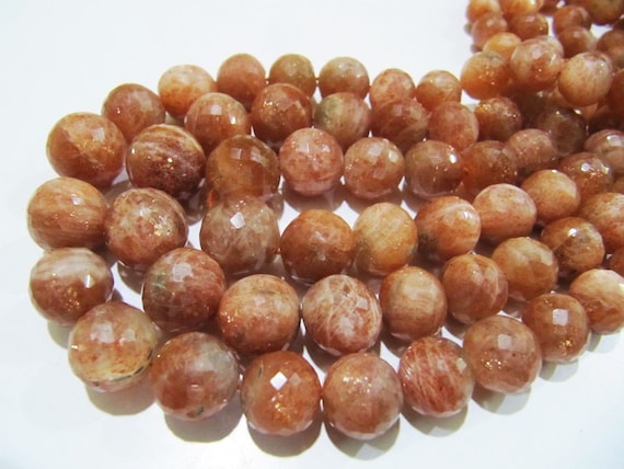 AA Quality Natural Sunstone Round Faceted Beads , Size 8-12mm Graduated Ball Shape Beads , Strand 8 Inches Long , Sunstone Beads