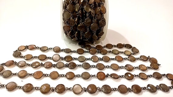 Natural Grey Moonstone Coin Shape Briolette 11 mm Bezel Connector Chain Sold Per Foot Great Quality Black Plated chain