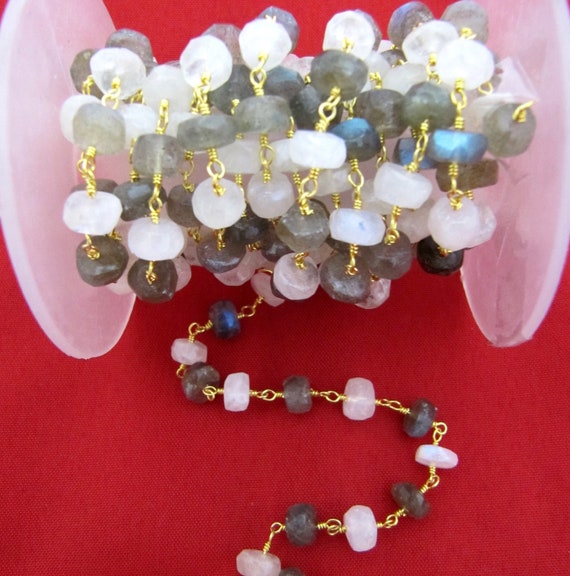 Natural Labradorite and Rainbow Moonstone 5-7mm Rondelle  Faceted Rosary Beaded Chain Semi Precious Beads Wholesale Prices sold per foot