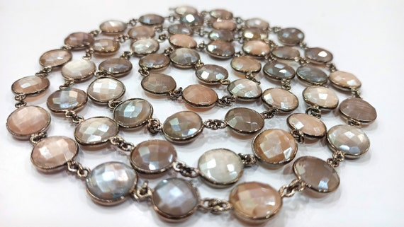 Natural Grey Moonstone Coin Shape Briolette Mystic Coated 12mm Bezel Connector Chain Sold Per Foot