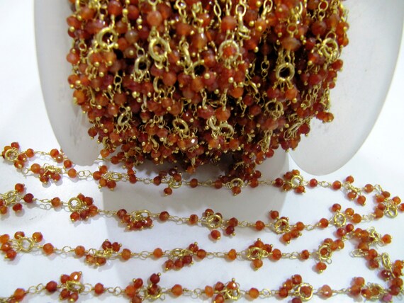 Natural Carnelian beaded Flower Cluster Dangling Chain Rondelle Faceted 3mm beads Handmade Gemstone Chain sold per foot