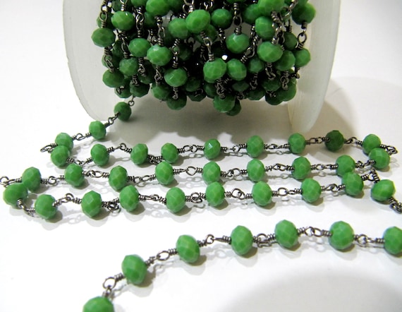 Olive Green Chalcedony 6mm Rondelle  Hydro Quartz Beads Wire Wrapped Beaded Rosary Chain Wholesale Prices Jewelry making chain Per Foot