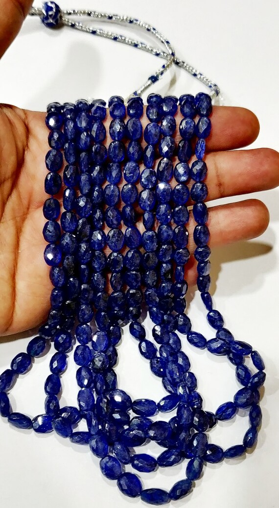 Natural Blue Sapphire Oval Shape Briolette Faceted 5x7mm to 8X11mm Size Beaded 18 inches long Necklace Top Quality Precious Gemstone Beads