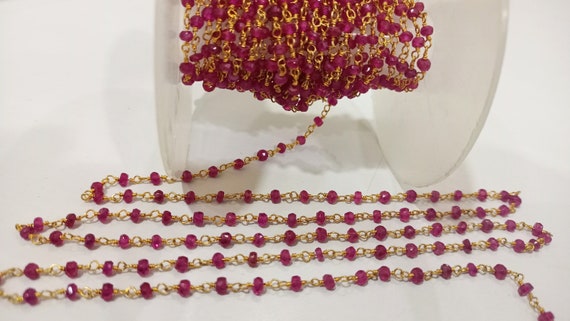 Ruby 3mm Rondelle Faceted Rosary Beaded Sterling Silver Chain Sold Per Foot Great Quality Chain