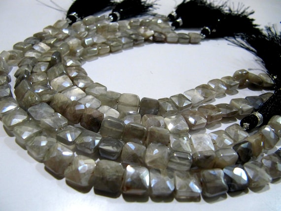 Natural Grey Moonstone Silver Mystic Coated Cushion Shape Faceted Briolette 7-8mm Beads sold per Strand 8inch long High Quality Beads