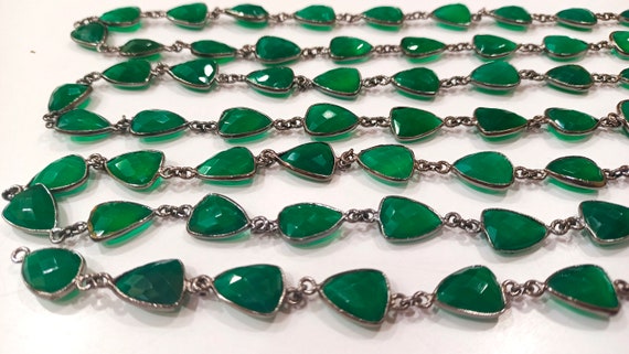 Natural Green Onyx Trillion Shape Briolette Faceted Bezel Connector Chain 10x13mm Gold Plated Sold Per Foot High QualityWholesale Price