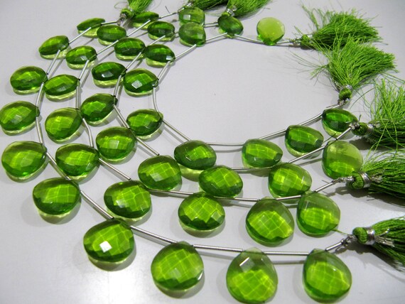 Green Peridot Hydro Quartz Heart shape Briolette Faceted 15mm Beads Strand 8inch long Gemstone Very Good Quality beads Wholesale Prices