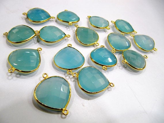 2 Pcs Set Aqua Blue Chalcedony Heart Shape 20mm Briolette Connectors  Chalcedony Double Loop Bezel Jewelry Making Bezel Connectors