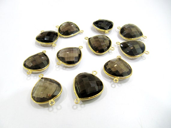6 Pcs Set Natural Smoky Quartz Heart Shape 20mm Briolette Connectors Quartz Plated Double Loop Bezel Jewelry Making Bezel Connectors