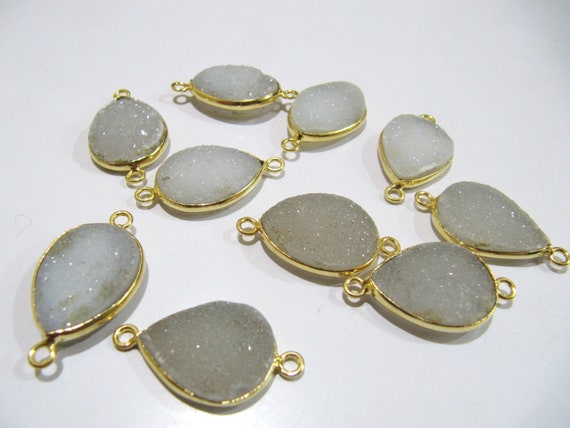 Set Of 2 Piece Natural White Druzy Round Shape Connector Bezel 16x21mm , Gemstone Connector Gold Plated Double Loop Bezel Wholesale Prices