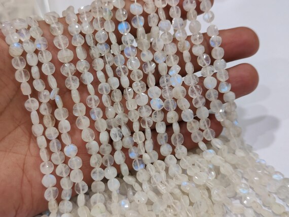 Natural White Rainbow Moonstone Coin Shape Briolette Beads Blue Flashy Moonstone Faceted Round Beads 5-6mm Size Sold per Strand 10inch