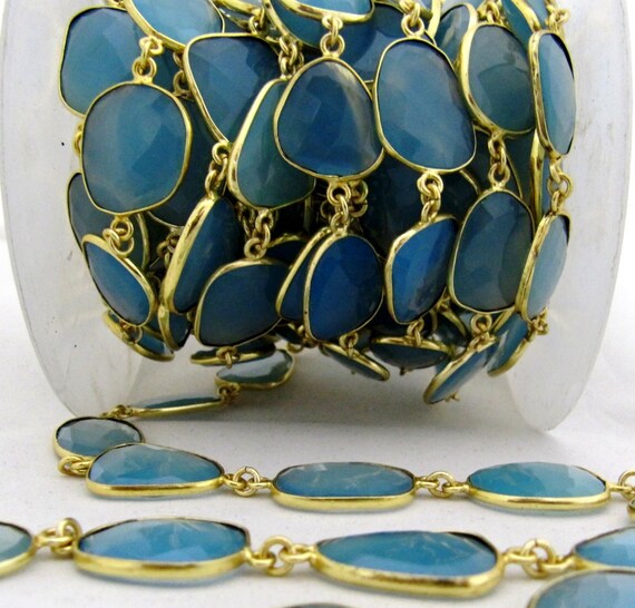 Natural Aqua Blue Chalcedony Free Shape Briolette Faceted Bezel Connector Chain 15to20mm Plated Sold Per Foot High Quality  Wholesale price