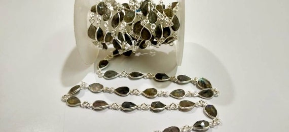 Natural Labradorite Pear Heart Shape Briolette faceted Bezel Connector Chain 6x9mm Gold/Silver/Black/Rose Plated Sold Per Foot High Quality