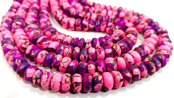Natural Mohave Pink Calcite and Purple Copper Turquoise Rondelle Plain 8mm Beads Sold Per Strand 8 Inches Long