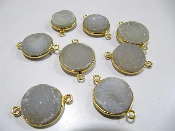Set Of 2 Piece Natural White Druzy Round Shape Connector Bezel 16-17mm to 18-19mm  , Gemstone Connector  Double Loop Bezel Wholesale Prices
