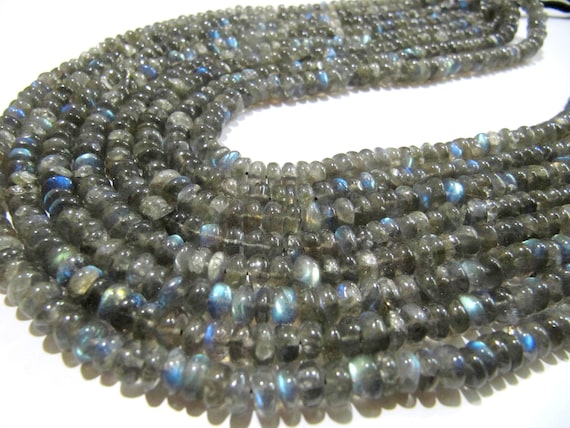 Natural Labradorite Plain Smooth Rondelle Shape 6 to 8mm Beads Blue Flashy  Strands 8 inch Long Black Rainbow Jewelry Making Gemstone Beads
