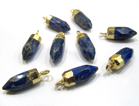 2 Piece Lapis Lazuli Magnesite Tiny Bullet Charm Pointer Pendant  Single Loop Connector Electroplated approximately 0.5 inch long